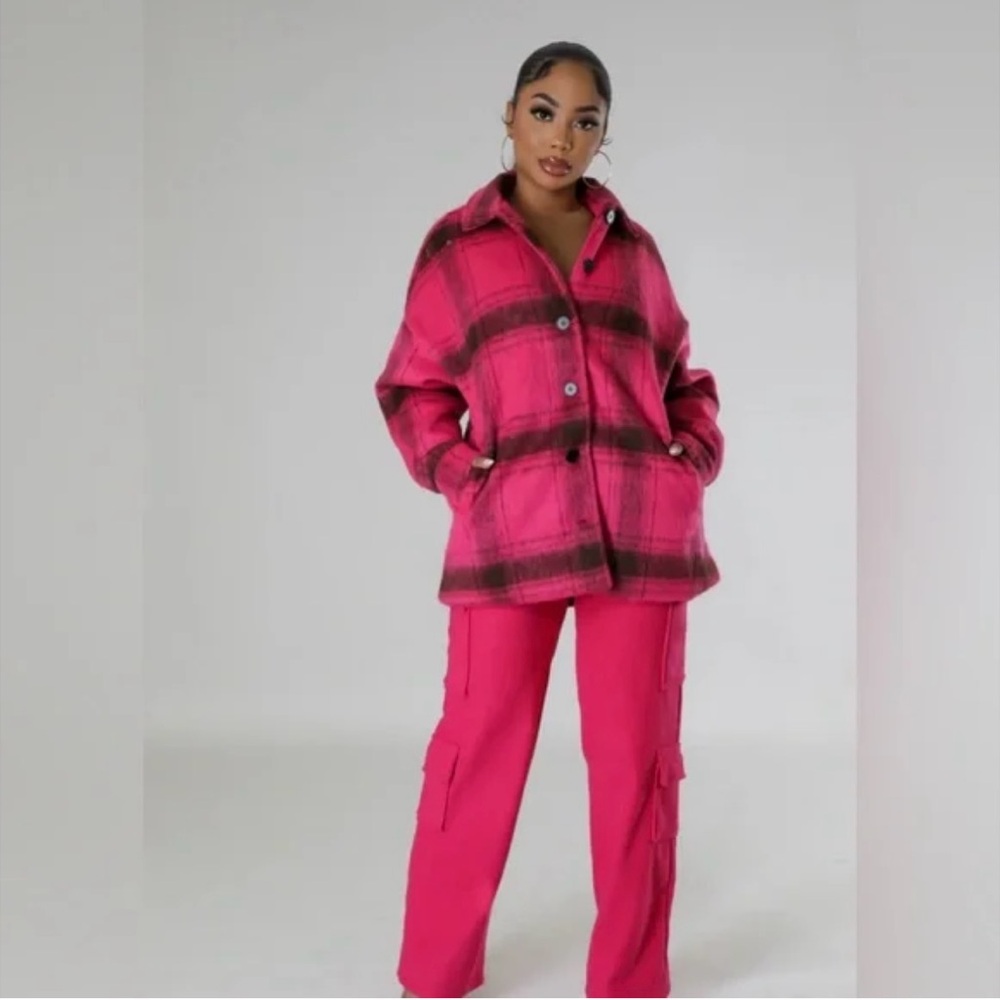NWT Love Poem Flannel Flair Fuschia and Black Plaid Shacket Large